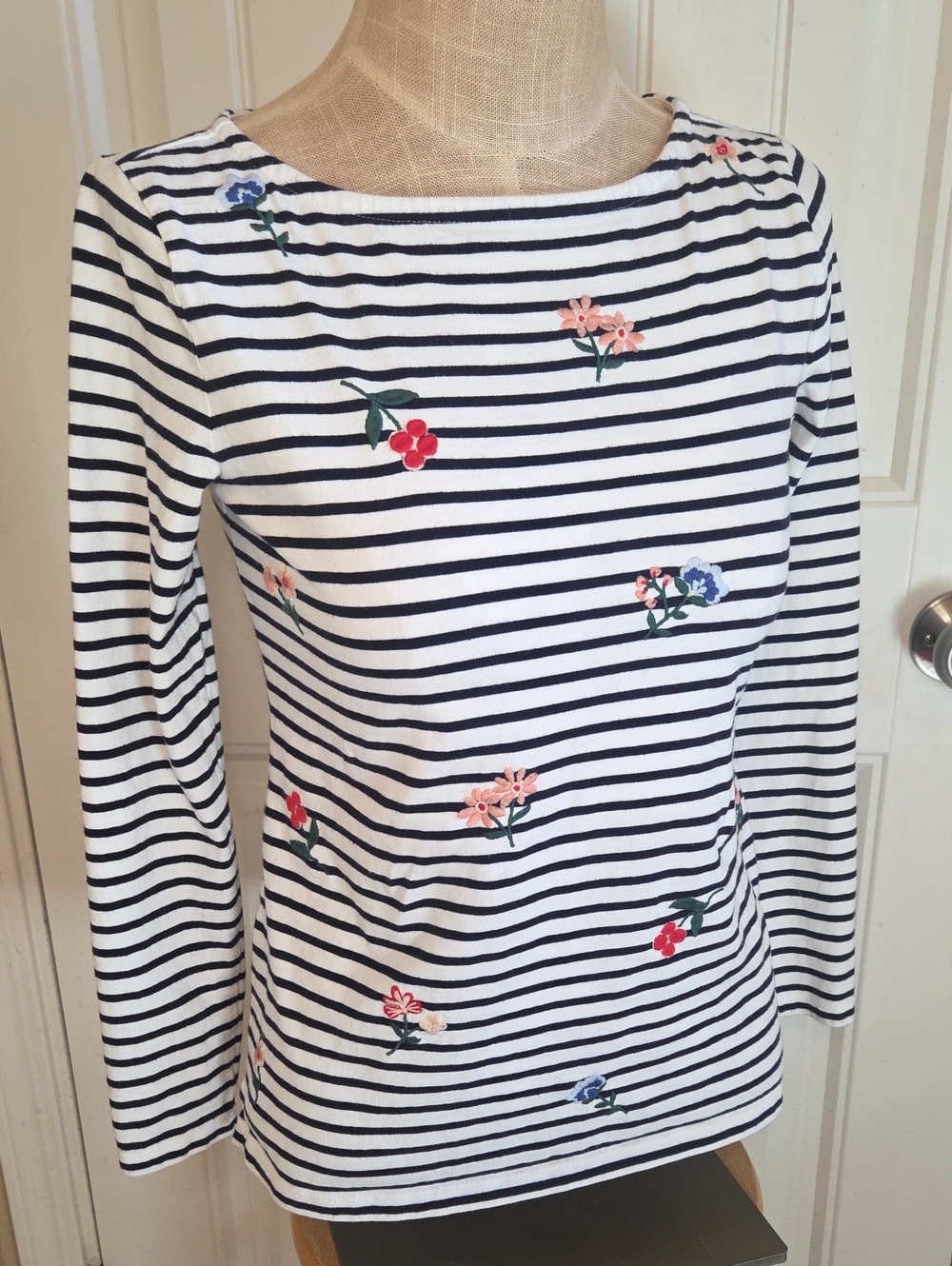 Talbots White and Black Striped Long-Sleeve Top with Floral Embroidery